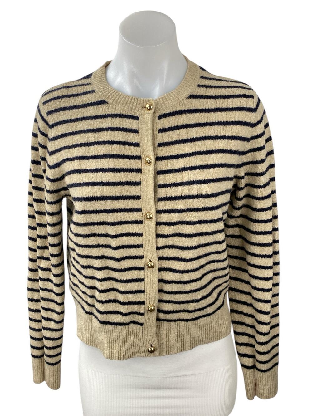 Zara Women's Beige Wool Striped Long Sleeve Button Down Cardigan Sweater Top M